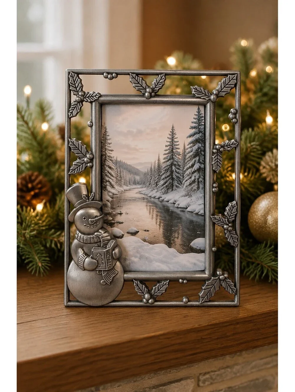 Silver Tone Snowman Christmas Photo Frame Holly Berries 4x6 Tabletop